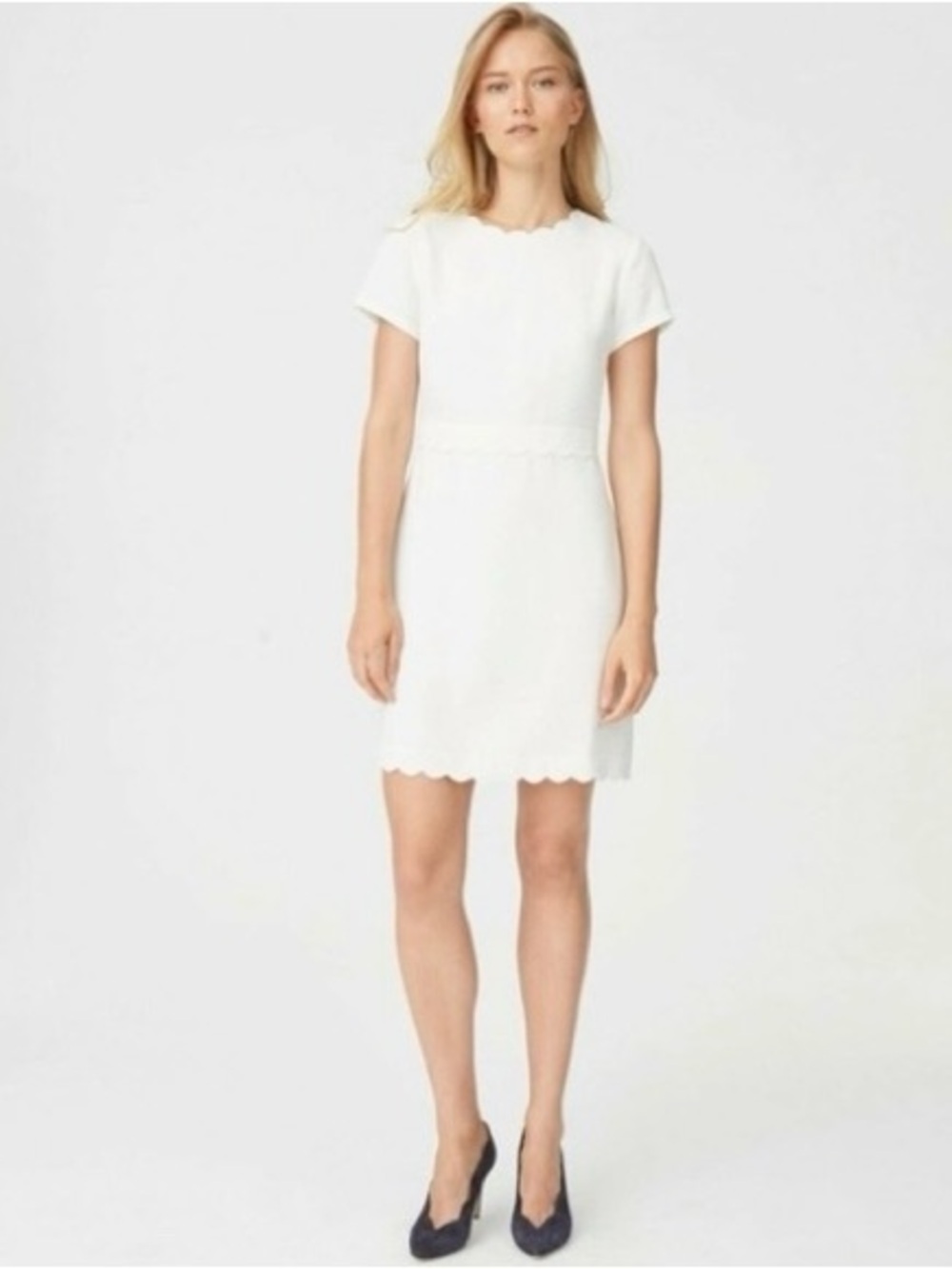 Club Monaco Santina White Scallop Hem Short Sleeve Dress